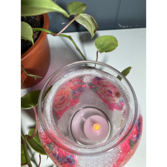 Handmade Frosted Sparkle Pink Rose Decor, Shelf Sitter Vase, Candle Holder - Picture 9 of 9